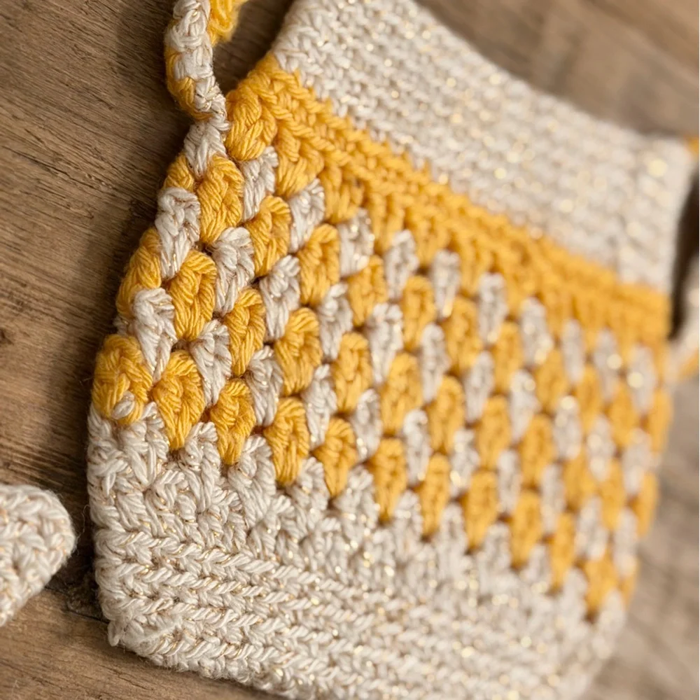 Vintage Crochet Pot Holders. Yellow Cream Metallic Gold. Kitchen MCM 1970s